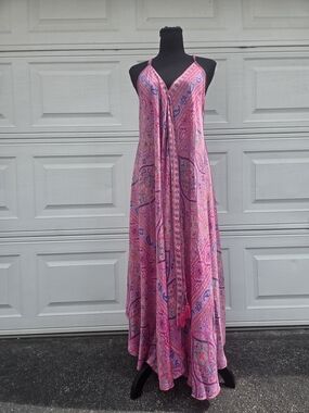 DEVI‎ Pink Paisley Boho Maxi Dress One Size Adjustable Strappy Tassel Festival